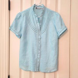Carole Little Aqua Linen Short Sleeve Button Down Shirt